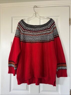 Maurices Red Off-the-Shoulder Patterned Yoke Sweater